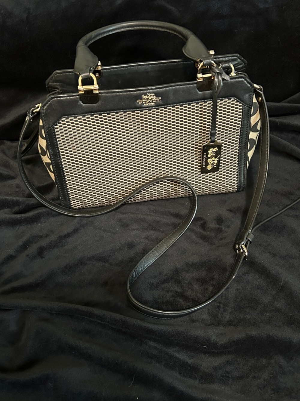 Coach Black and Beige Signature Panel Satchel with Detachable Crossbody